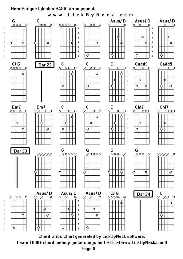 Chord Grids Chart of chord melody fingerstyle guitar song-Hero-Enrique Iglesias-BASIC Arrangement,generated by LickByNeck software.